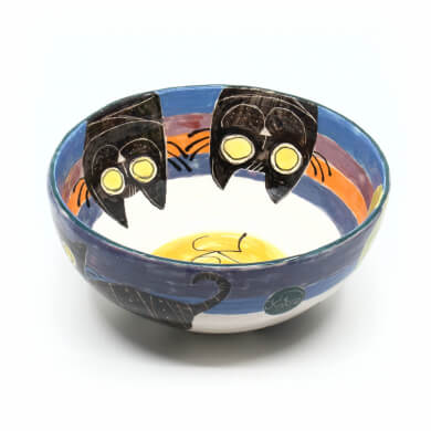 große handgefertigte Keramik (Obst)Schale mit handgezeichneten Katzen fröhlich bunt - Große Katzen innen