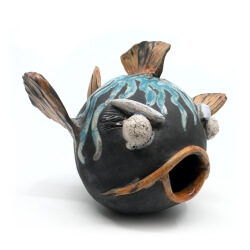 Nisthilfe - handgefertigter Raku Fisch - blauer Kugelfisch - Detail