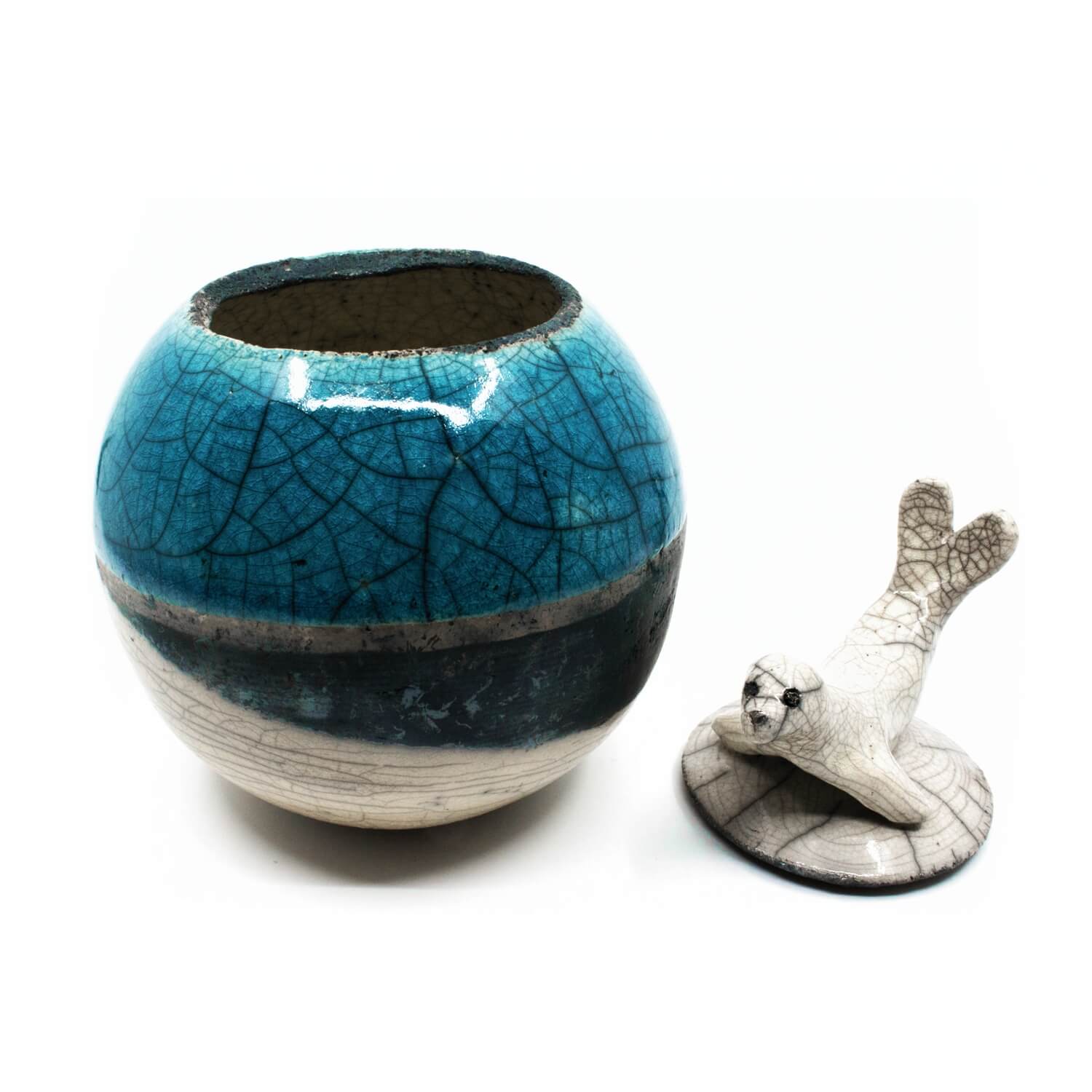 Azure blue handmade Raku box with a seal