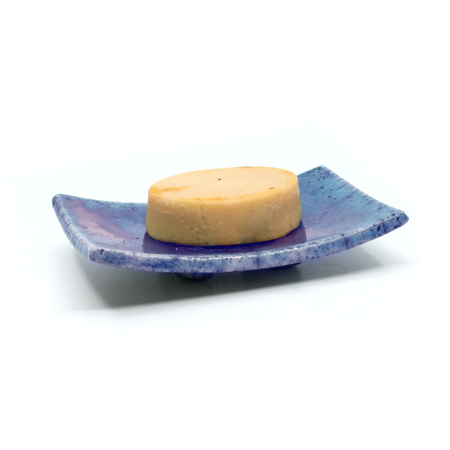 Eckige blaue Raku Seifenschale mit Kupferakzenten